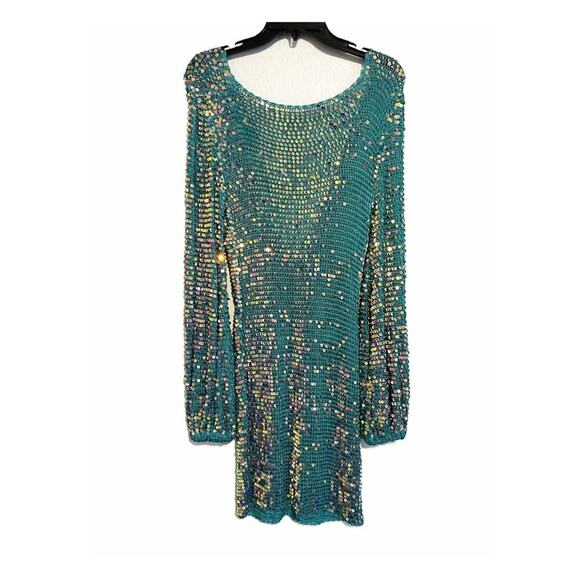 Retrofete NWT Tara Sequin Long Sleeve Crochet Mini Dress Turquoise Blue Green S - Picture 3 of 13